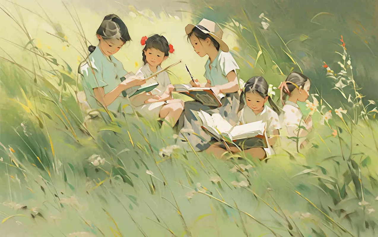 On a fresh green grassland, many verdant plants are sprouting nearby. Five adorable Chinese elementary school students, three girls, and two boys dressed in bright costumes and yellow hats, sitting on the grass, fully focused on reading. Elementary school students are all on the right side of the screen. The illustration style features a wide-angle perspective bathed in natural light, presented in a 16:10 aspect ratio, exuding a charming and adorable beauty. Natural Light --ar 16:10 --niji 5 - style3部分