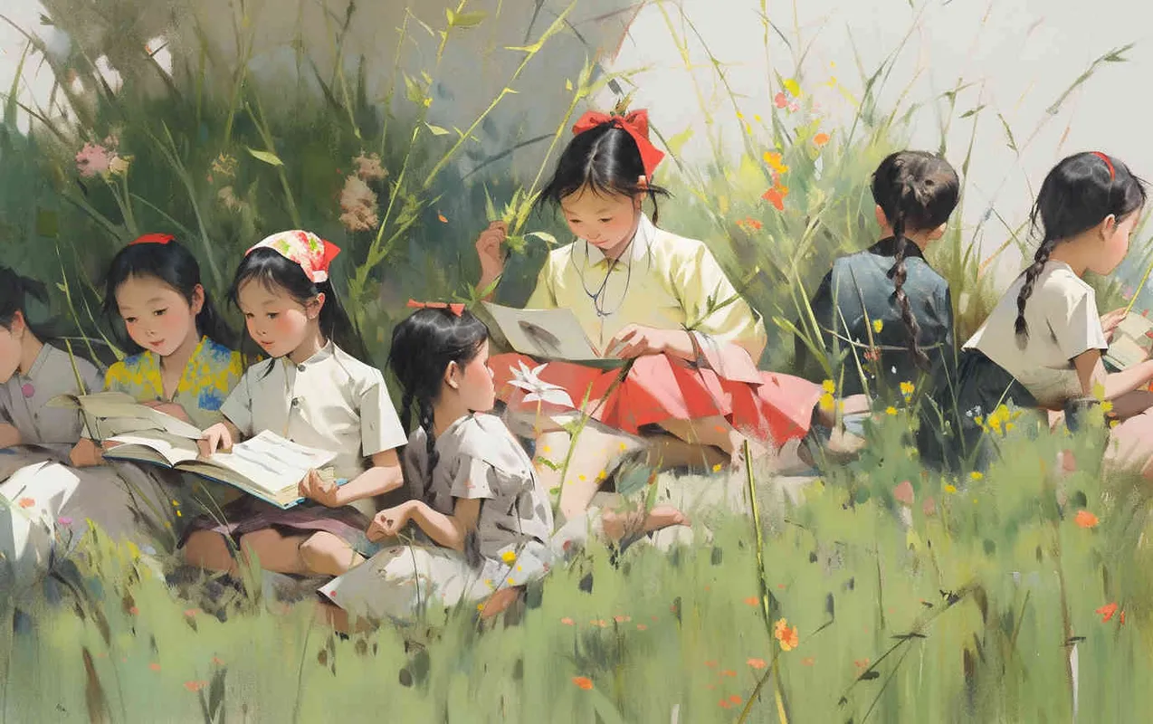 On a fresh green grassland, many verdant plants are sprouting nearby. Five adorable Chinese elementary school students, three girls, and two boys dressed in bright costumes and yellow hats, sitting on the grass, fully focused on reading. Elementary school students are all on the right side of the screen. The illustration style features a wide-angle perspective bathed in natural light, presented in a 16:10 aspect ratio, exuding a charming and adorable beauty. Natural Light --ar 16:10 --niji 5 - style4部分