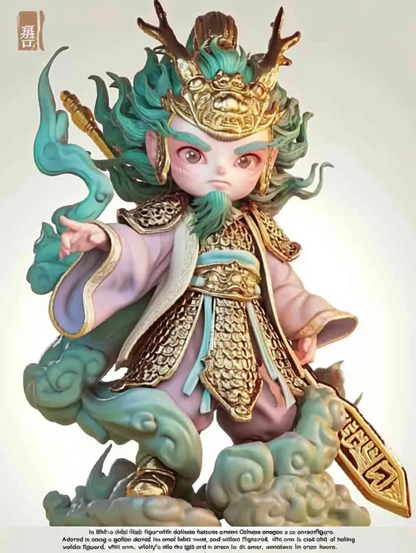 Blind Box Style , full body, chibi, Delicate features, An image of an ancient Chinese door god, Q-shaped, with a full body, wearing a metal helmet ， holding a golden sword.，His left arm is adorned with green armor, while his right arm is adorned with a purple battle robe adorned with golden dragon patterns, legs are covered in scaly armor,  wearing war boots，white background, Natural lighting, 8K, best quality, ultra - detail, 3D, C4D, Blender, OC renderer, ultra HD, 3D rendering  - AI绘画作品展示 | Midjourney中文版生成