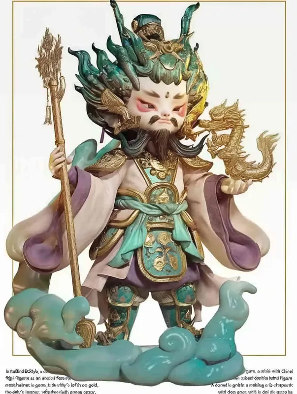 Blind Box Style , full body, chibi, Delicate features, An image of an ancient Chinese door god, Q-shaped, with a full body, wearing a metal helmet ， holding a golden sword.，His left arm is adorned with green armor, while his right arm is adorned with a purple battle robe adorned with golden dragon patterns, legs are covered in scaly armor,  wearing war boots，white background, Natural lighting, 8K, best quality, ultra - detail, 3D, C4D, Blender, OC renderer, ultra HD, 3D rendering  - AI绘画作品展示 | Midjourney中文版生成