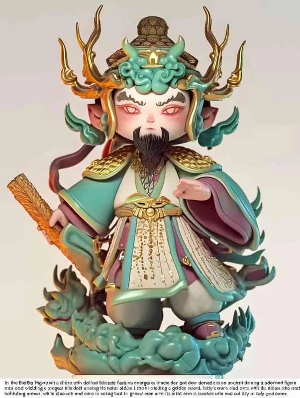 Blind Box Style , full body, chibi, Delicate features, An image of an ancient Chinese door god, Q-shaped, with a full body, wearing a metal helmet ， holding a golden sword.，His left arm is adorned with green armor, while his right arm is adorned with a purple battle robe adorned with golden dragon patterns, legs are covered in scaly armor,  wearing war boots，white background, Natural lighting, 8K, best quality, ultra - detail, 3D, C4D, Blender, OC renderer, ultra HD, 3D rendering  - AI绘画作品展示 | Midjourney中文版生成