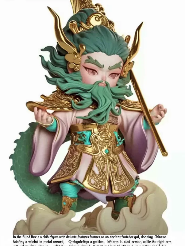 Blind Box Style , full body, chibi, Delicate features, An image of an ancient Chinese door god, Q-shaped, with a full body, wearing a metal helmet ， holding a golden sword.，His left arm is adorned with green armor, while his right arm is adorned with a purple battle robe adorned with golden dragon patterns, legs are covered in scaly armor,  wearing war boots，white background, Natural lighting, 8K, best quality, ultra - detail, 3D, C4D, Blender, OC renderer, ultra HD, 3D rendering  - AI绘画作品展示 | Midjourney中文版生成