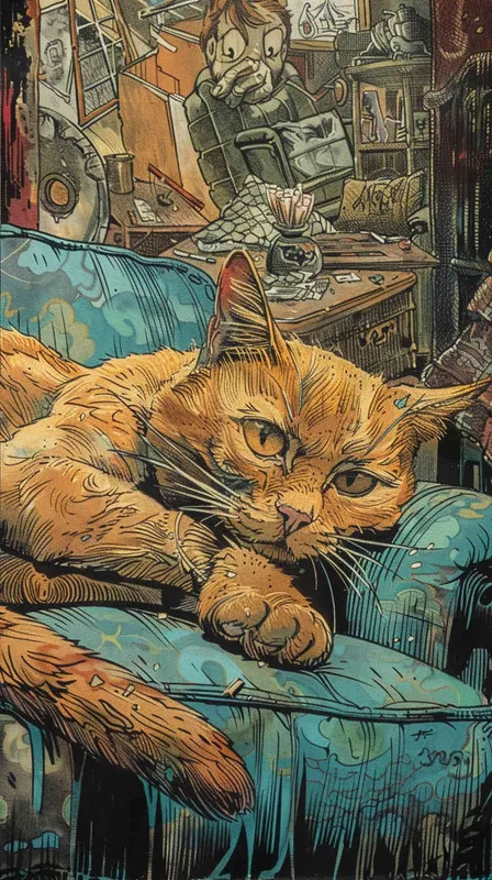 In American comics, the story is presented in multiple irregular colored panels. This American short haired cat experienced hardships when running away from home and then reunited with its owner. Exaggerated and meticulous style - style2部分