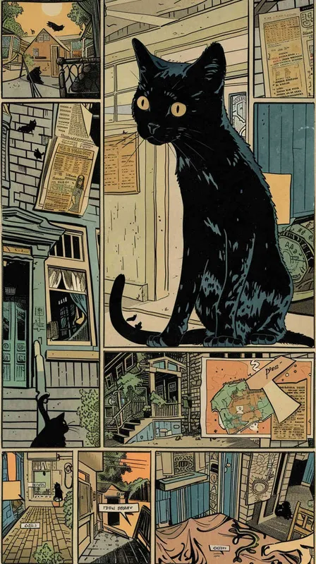 In American comics, the story is presented in multiple irregular colored panels. This American short haired cat experienced hardships when running away from home and then reunited with its owner. Exaggerated and meticulous style - style2部分
