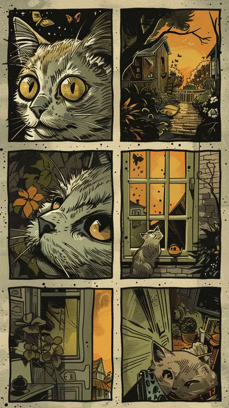 In American comics, the story is presented in multiple irregular colored panels. This American short haired cat experienced hardships when running away from home and then reunited with its owner. Exaggerated and meticulous style - style4部分