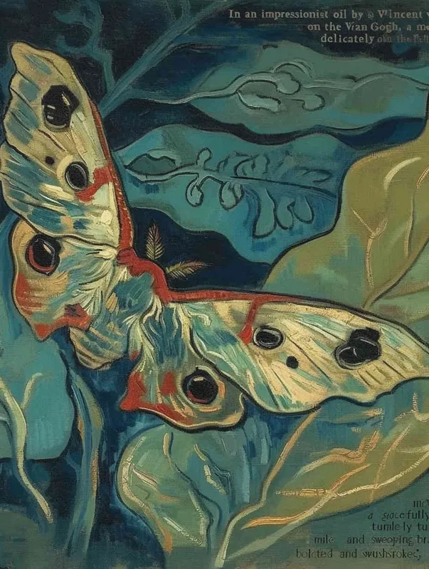 A moth and three leaves, with the moth leaning to the left and the three leaves falling to the right, Vincent van Gogh paint  , impressionist oil painting，bold brushstrokes - style1部分