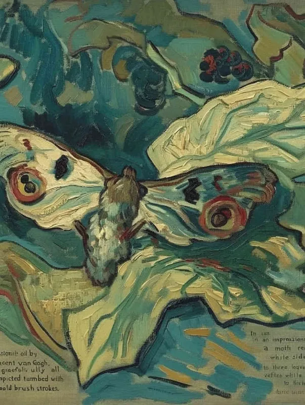 A moth and three leaves, with the moth leaning to the left and the three leaves falling to the right, Vincent van Gogh paint  , impressionist oil painting，bold brushstrokes - style2部分