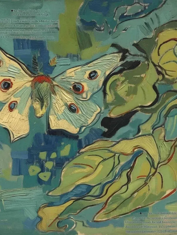A moth and three leaves, with the moth leaning to the left and the three leaves falling to the right, Vincent van Gogh paint  , impressionist oil painting，bold brushstrokes - style4部分