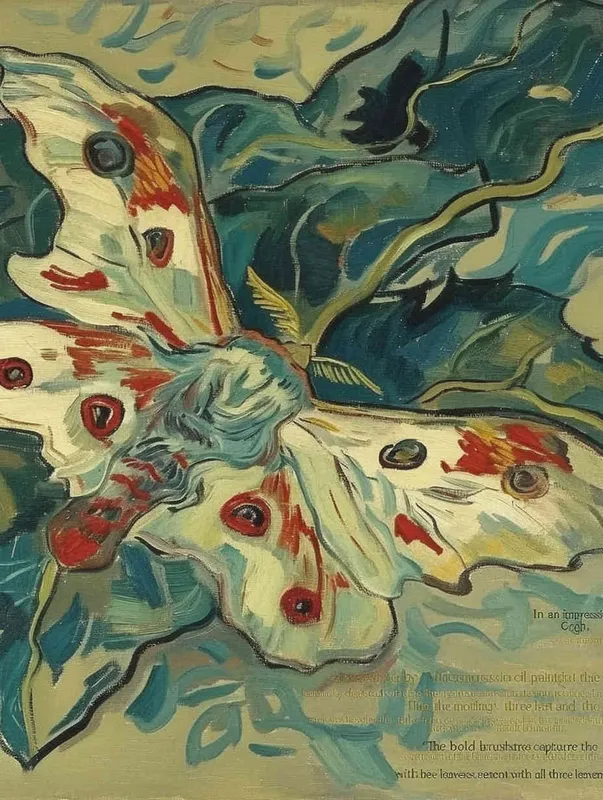 A moth and three leaves, with the moth leaning to the left and the three leaves falling to the right, Vincent van Gogh paint  , impressionist oil painting，bold brushstrokes, three leaves all leaning to the right - style1部分