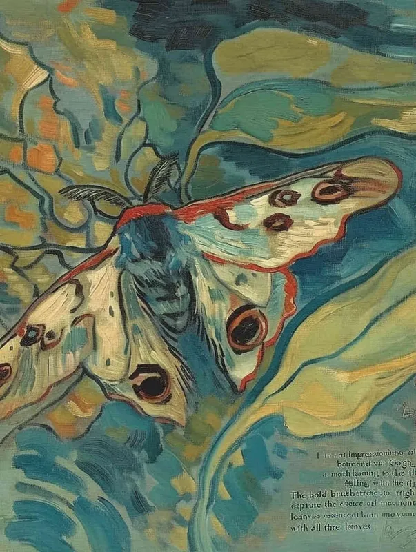 A moth and three leaves, with the moth leaning to the left and the three leaves falling to the right, Vincent van Gogh paint  , impressionist oil painting，bold brushstrokes, three leaves all leaning to the right - style3部分