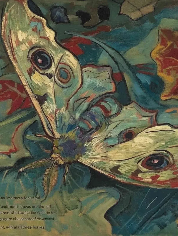 A moth and three leaves, with the moth leaning to the left and the three leaves falling to the right, Vincent van Gogh paint  , impressionist oil painting，bold brushstrokes, three leaves all leaning to the right - style4部分