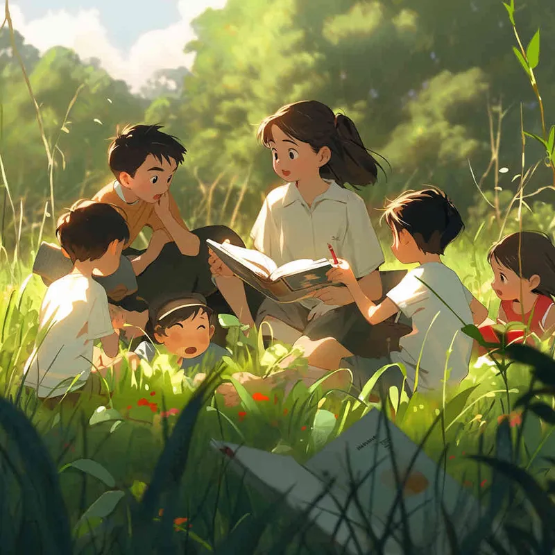 On a newly green grassland, Five cute Q-version elementary school students are sitting on the grassland, reading book carefully. The illustration style, panoramic view, natural light, --ar 1:1 --q 2  --s 250  --v 5.2  --niji 5 --style cute - style1部分