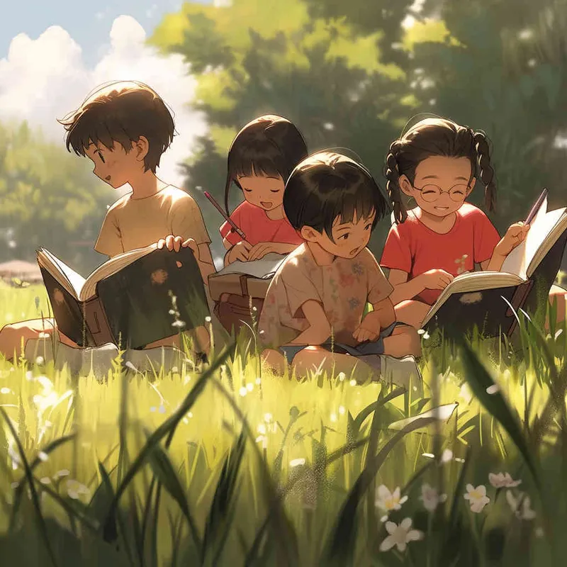 On a newly green grassland, Five cute Q-version elementary school students are sitting on the grassland, reading book carefully. The illustration style, panoramic view, natural light, --ar 1:1 --q 2  --s 250  --v 5.2  --niji 5 --style cute - style2部分