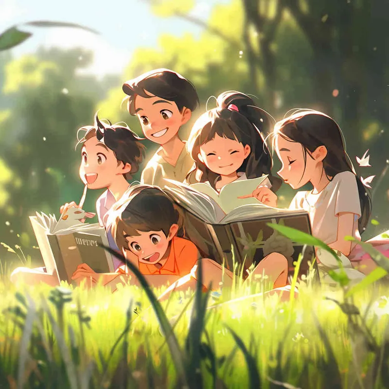 On a newly green grassland, Five cute Q-version elementary school students are sitting on the grassland, reading book carefully. The illustration style, panoramic view, natural light, --ar 1:1 --q 2  --s 250  --v 5.2  --niji 5 --style cute - style3部分