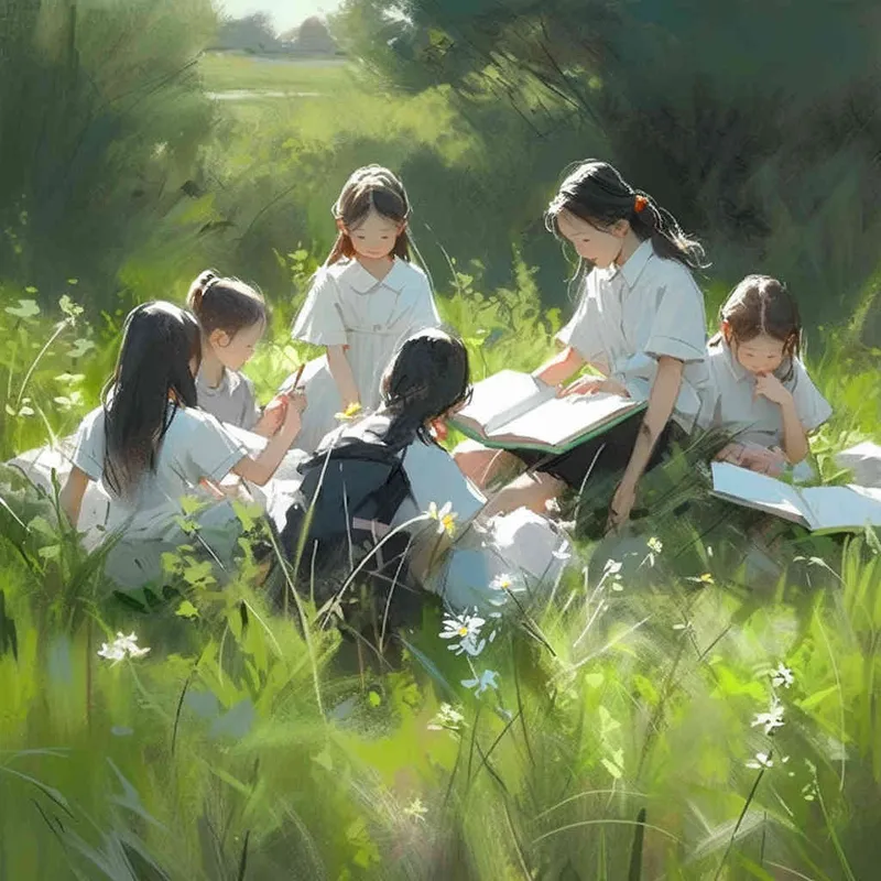 On a newly green grassland, Five cute Q-version elementary school students are sitting on the grassland, reading book carefully. The illustration style, panoramic view, natural light, --ar 1:1 --q 2  --s 250  --v 5.2  --niji 5 --style cute - style4部分
