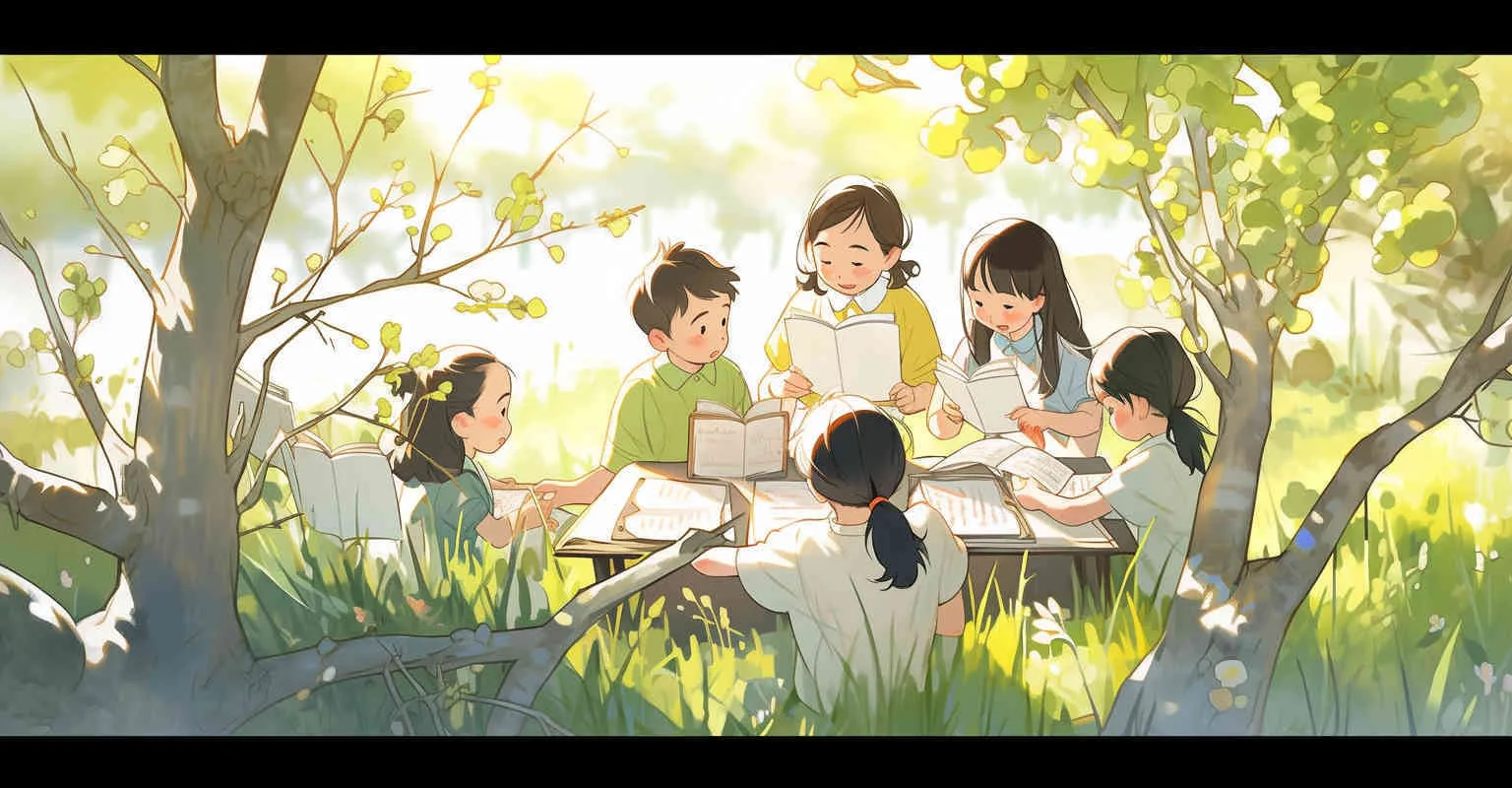 Spring in April，on a newly green grassland, Five cute Q-version elementary school students around the age of ten are sitting on the grassland, reading book carefully. The illustration style, panoramic view, natural light,brighter screen, --ar 2:1 --q 2  --s 250  --v 5.2  --niji 5 --style cute - style1部分