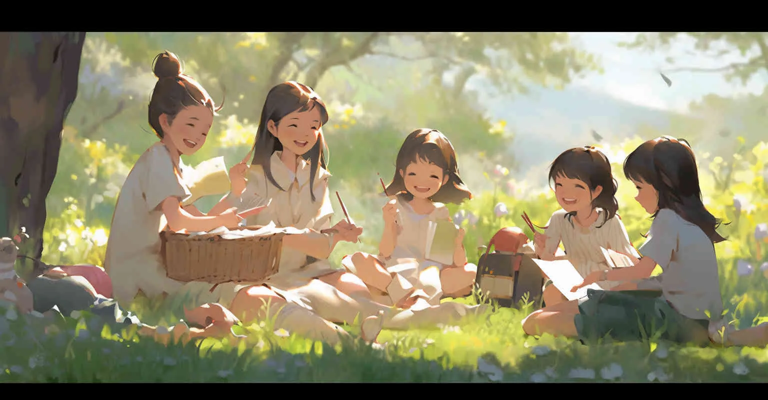 Spring in April，on a newly green grassland, Five cute Q-version elementary school students around the age of ten are sitting on the grassland, reading book carefully. The illustration style, panoramic view, natural light,brighter screen, --ar 2:1 --q 2  --s 250  --v 5.2  --niji 5 --style cute - style2部分