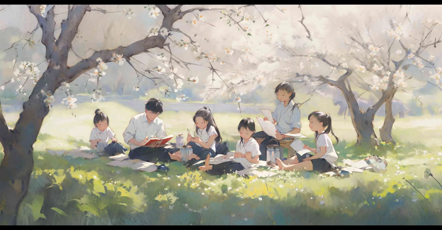Spring in April，on a newly green grassland, Five cute Q-version elementary school students around the age of ten are sitting on the grassland, reading book carefully. The illustration style, panoramic view, natural light,brighter screen, --ar 2:1 --q 2  --s 250  --v 5.2  --niji 5 --style cute - style3部分
