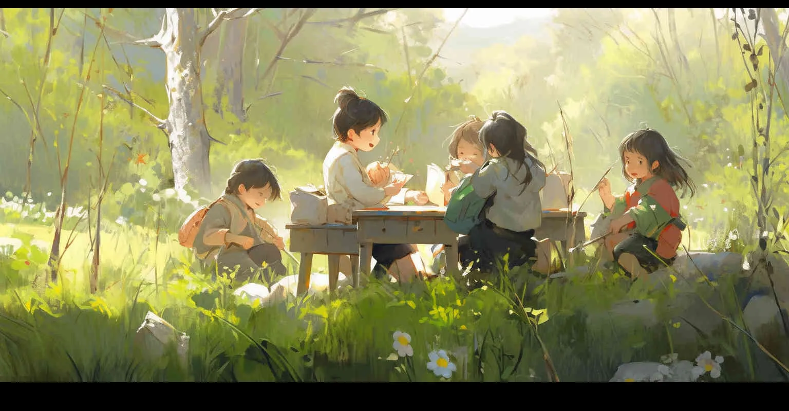 Spring in April，on a newly green grassland, Five cute Q-version elementary school students around the age of ten are sitting on the grassland, reading book carefully. The illustration style, panoramic view, natural light,brighter screen, --ar 2:1 --q 2  --s 250  --v 5.2  --niji 5 --style cute - style4部分