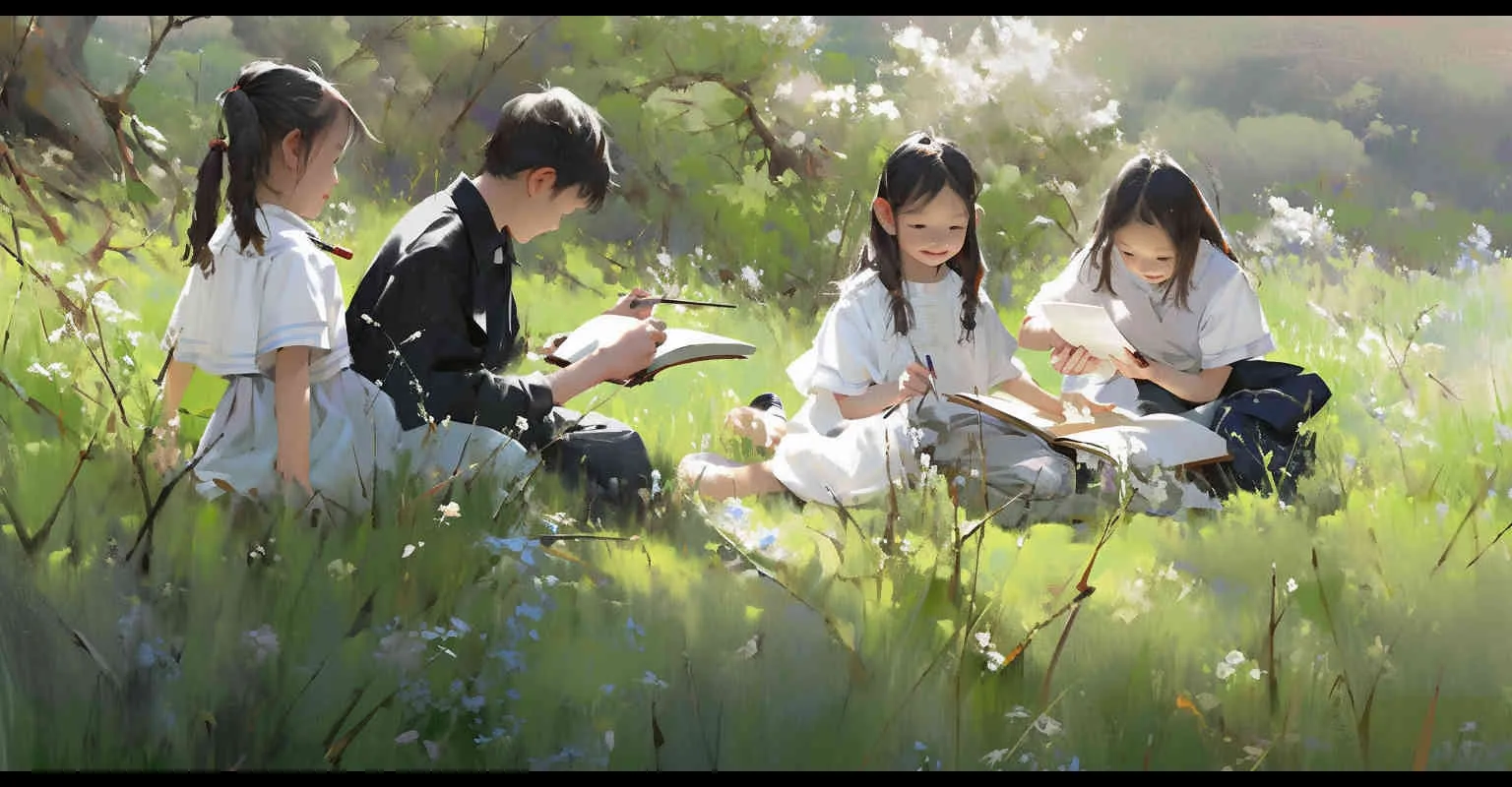 In April, amidst the burgeoning greenery of spring, four endearing elementary school students, approximately ten years of age, are seated upon the verdant grasslands, engrossed in their studies. The scene captures a picturesque view, bathed in natural light and illuminated by a brighter screen, exuding a quaint charm with its Q-version illustration style. Sun light,Medium Shot(MS) –ar 2:1 –seed 1045332959 –niji 5 – AI绘画作品展示 | Midjourney中文版生成