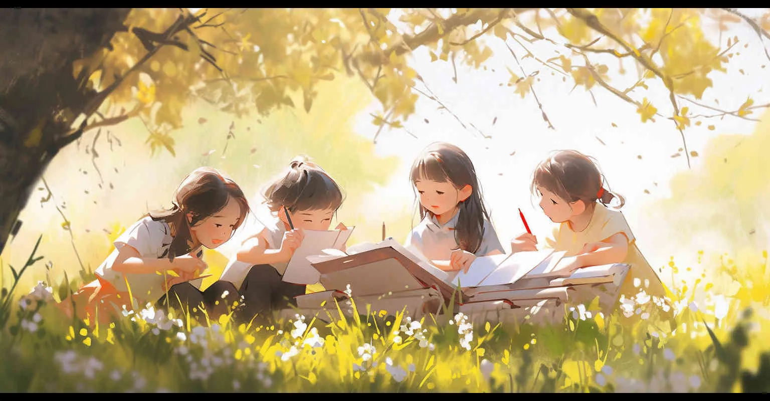 In April, amidst the burgeoning greenery of spring, four endearing elementary school students, approximately ten years of age, are seated upon the verdant grasslands, engrossed in their studies. The scene captures a picturesque view, bathed in natural light and illuminated by a brighter screen, exuding a quaint charm with its Q-version illustration style. Sun light,Medium Shot(MS) --ar 2:1 --seed 1045332959 --niji 5 - style2部分