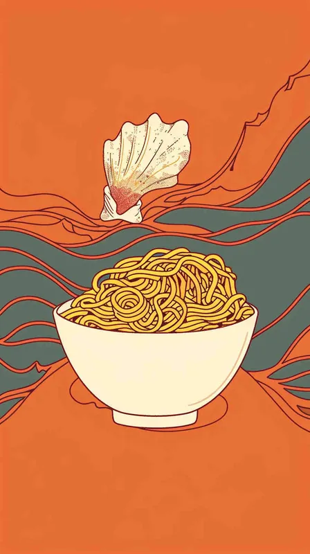为螺狮粉品牌设计一个logo，以海螺和粉丝作为设计元色，颜色暖色，纯色背景，扁平化，插画风格 - style3部分