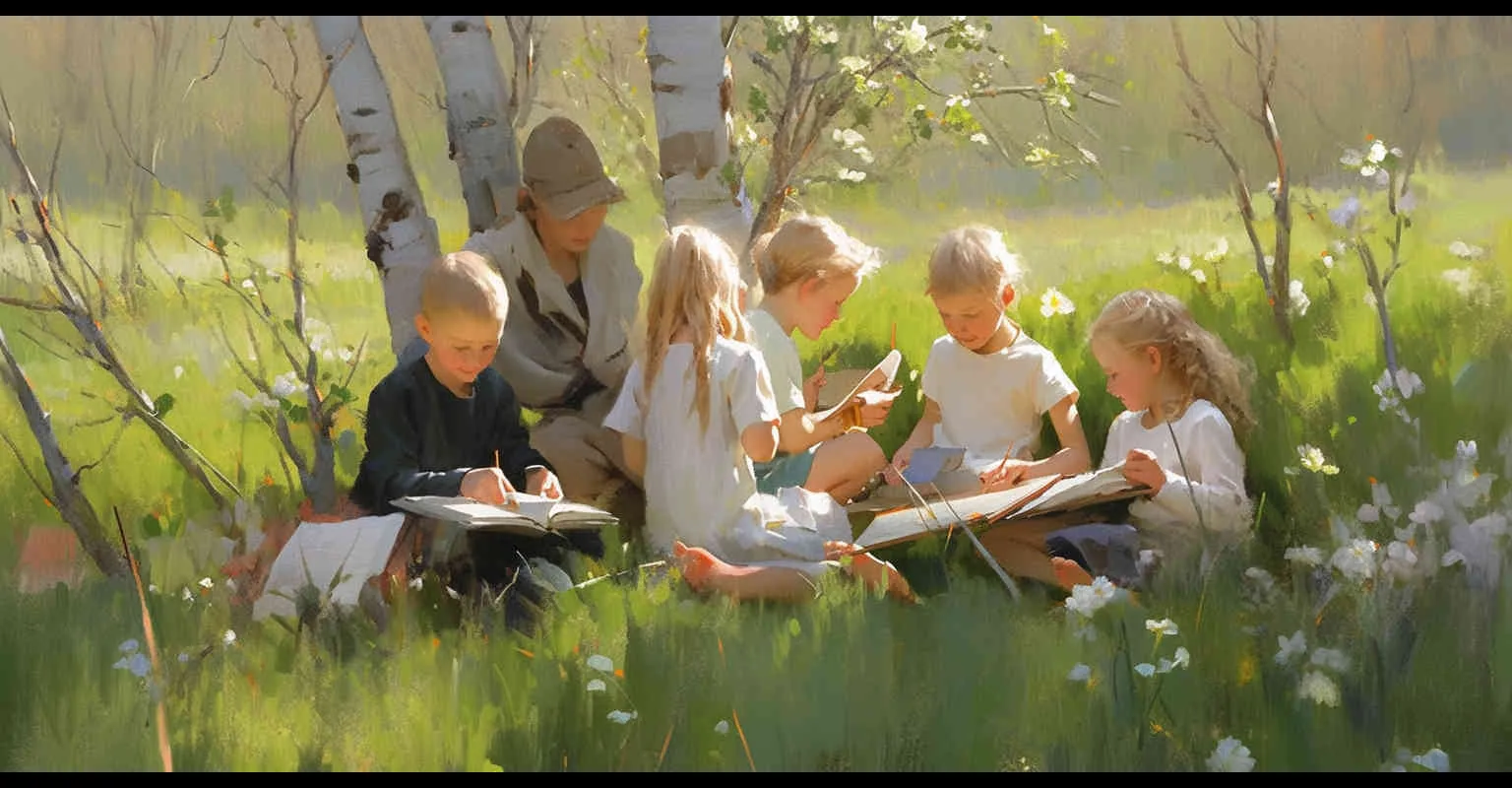 In April, amidst the burgeoning greenery of spring, two boys and two girls school students, approximately ten years of age, are seated upon the verdant grasslands, engrossed in their studies. The scene captures a picturesque view, bathed in natural light and illuminated by a brighter screen, exuding a quaint charm with its Q-version illustration style. Sun light,Medium Shot(MS) --ar 2:1 --seed 1045332959 --niji 5 - style1部分