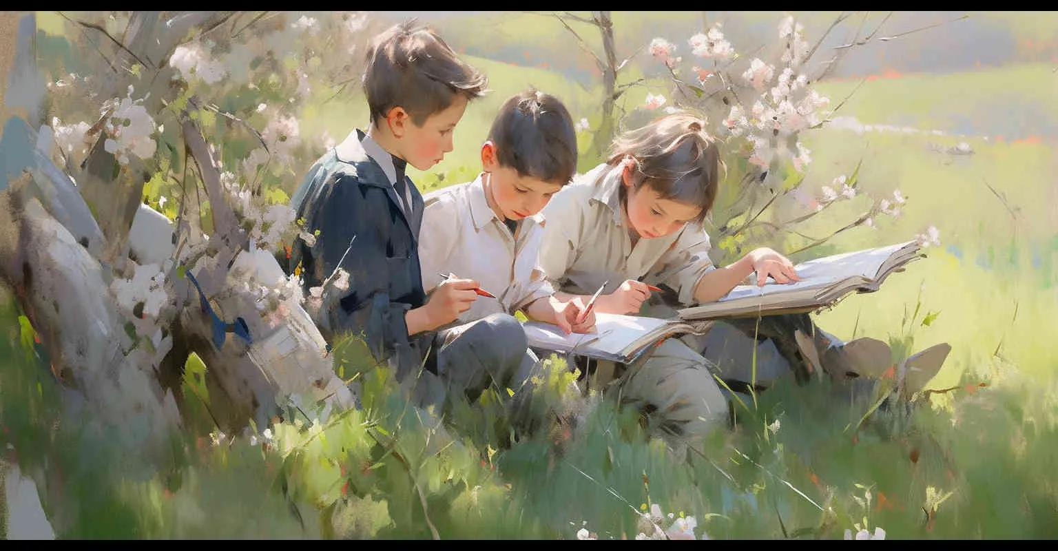 In April, amidst the burgeoning greenery of spring, two boys and two girls school students, approximately ten years of age, are seated upon the verdant grasslands, engrossed in their studies. The scene captures a picturesque view, bathed in natural light and illuminated by a brighter screen, exuding a quaint charm with its Q-version illustration style. Sun light,Medium Shot(MS) --ar 2:1 --seed 1045332959 --niji 5 - style2部分