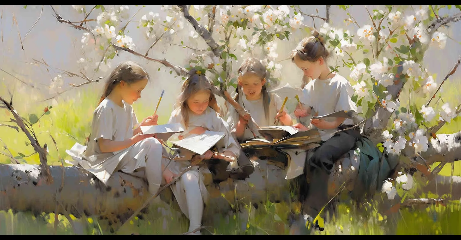 In April, amidst the burgeoning greenery of spring, two boys and two girls school students, approximately ten years of age, are seated upon the verdant grasslands, engrossed in their studies. The scene captures a picturesque view, bathed in natural light and illuminated by a brighter screen, exuding a quaint charm with its Q-version illustration style. Sun light,Medium Shot(MS) --ar 2:1 --seed 1045332959 --niji 5 - style3部分