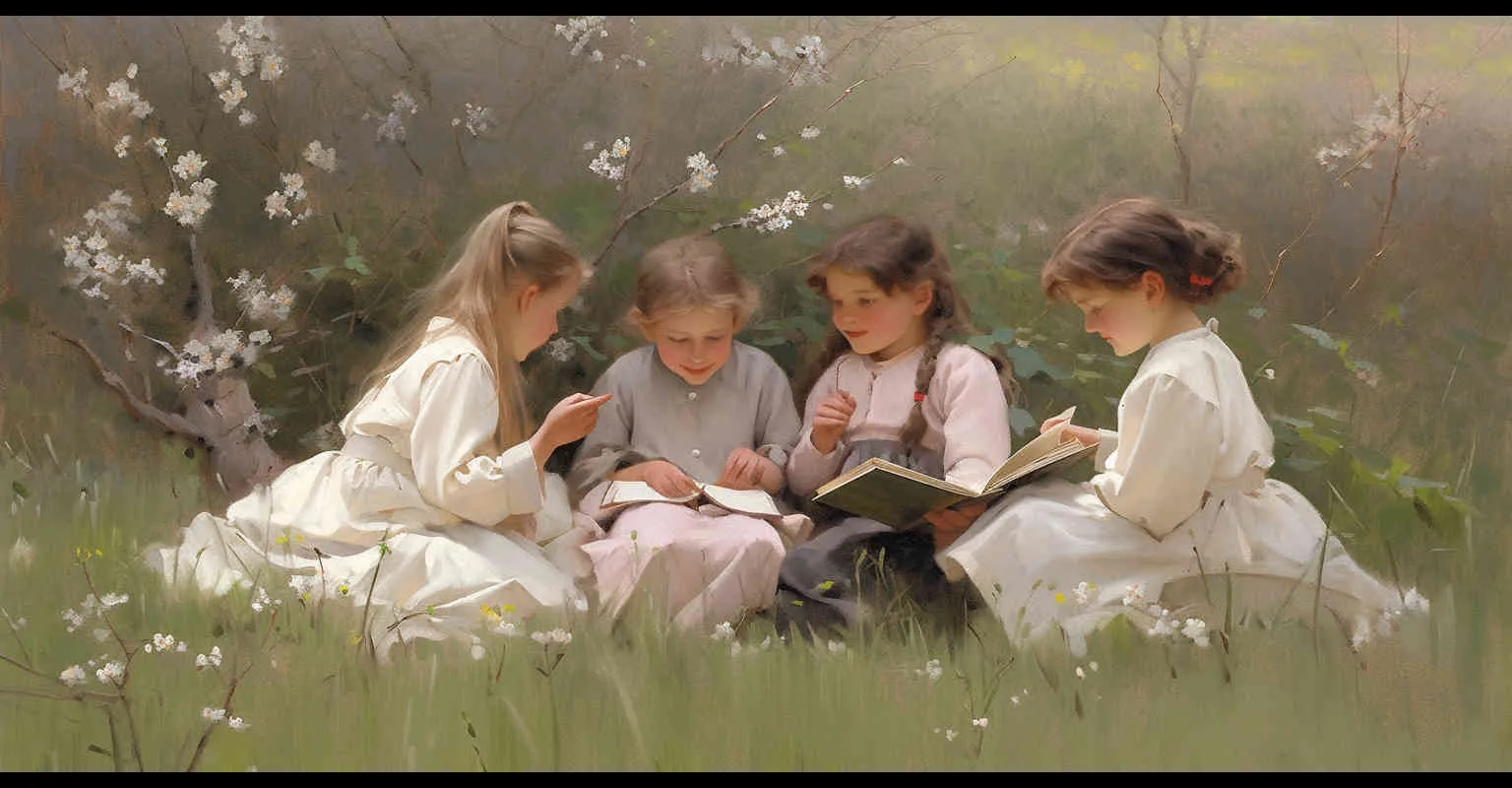 In April, amidst the burgeoning greenery of spring, two boys and two girls school students, approximately ten years of age, are seated upon the verdant grasslands, engrossed in their studies. The scene captures a picturesque view, bathed in natural light and illuminated by a brighter screen, exuding a quaint charm with its Q-version illustration style. Sun light,Medium Shot(MS) --ar 2:1 --seed 1045332959 --niji 5 - style4部分