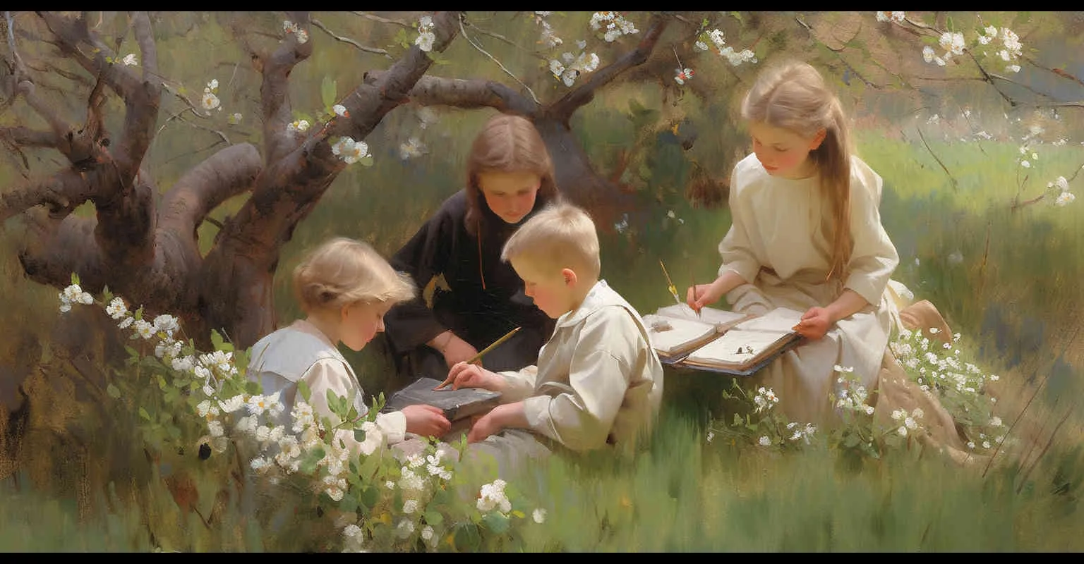 In April, amidst the burgeoning greenery of spring, two boys and two girls school students, approximately ten years of age, are seated upon the verdant grasslands, engrossed in their studies. The scene captures a picturesque view, bathed in natural light and illuminated by a brighter screen, exuding a quaint charm with its Q-version illustration style. Sun light,Medium Shot(MS) --ar 2:1  --niji 5 - style1部分