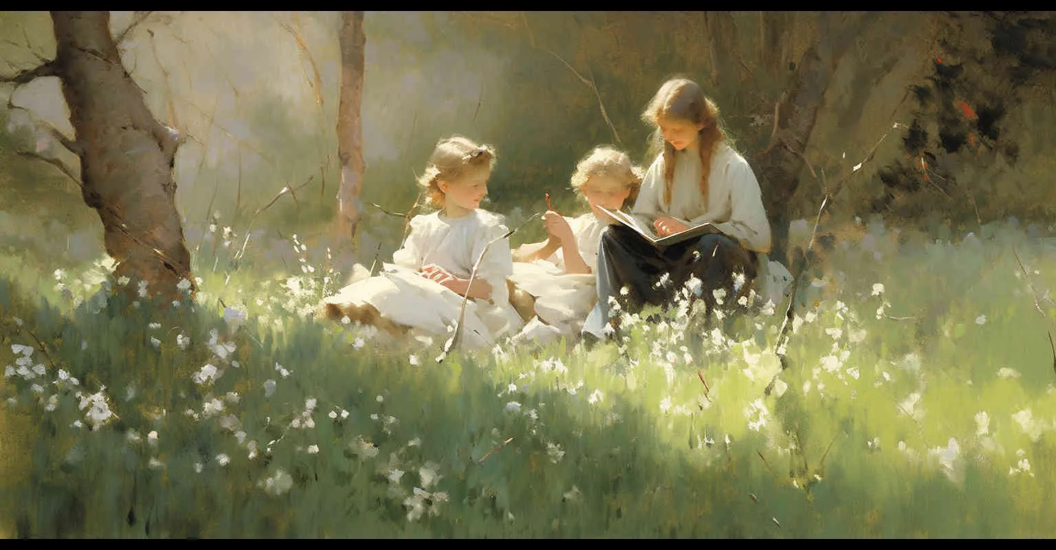 In April, amidst the burgeoning greenery of spring, two boys and two girls school students, approximately ten years of age, are seated upon the verdant grasslands, engrossed in their studies. The scene captures a picturesque view, bathed in natural light and illuminated by a brighter screen, exuding a quaint charm with its Q-version illustration style. Sun light,Medium Shot(MS) --ar 2:1  --niji 5 - style2部分