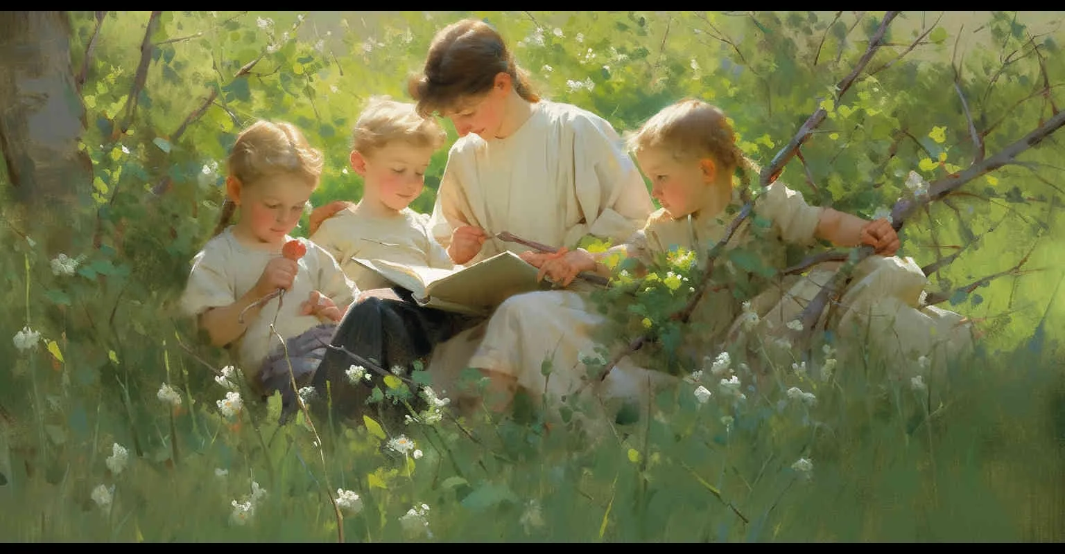 In April, amidst the burgeoning greenery of spring, two boys and two girls school students, approximately ten years of age, are seated upon the verdant grasslands, engrossed in their studies. The scene captures a picturesque view, bathed in natural light and illuminated by a brighter screen, exuding a quaint charm with its Q-version illustration style. Sun light,Medium Shot(MS) --ar 2:1  --niji 5 - style3部分