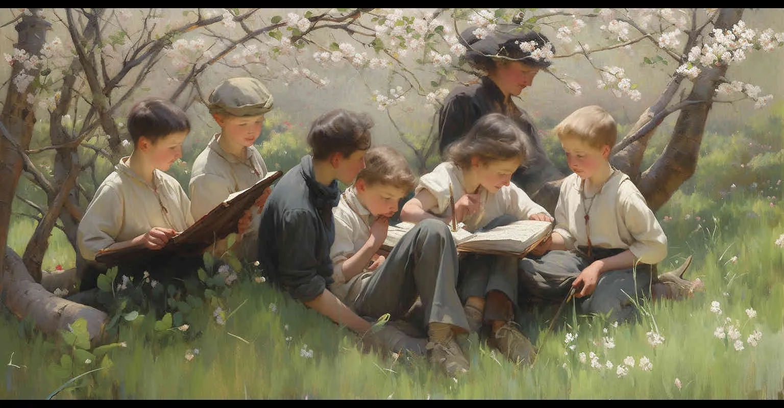 In April, amidst the burgeoning greenery of spring, two boys and two girls school students, approximately ten years of age, are seated upon the verdant grasslands, engrossed in their studies. The scene captures a picturesque view, bathed in natural light and illuminated by a brighter screen, exuding a quaint charm with its Q-version illustration style. Sun light,Medium Shot(MS) --ar 2:1  --niji 5 - style4部分