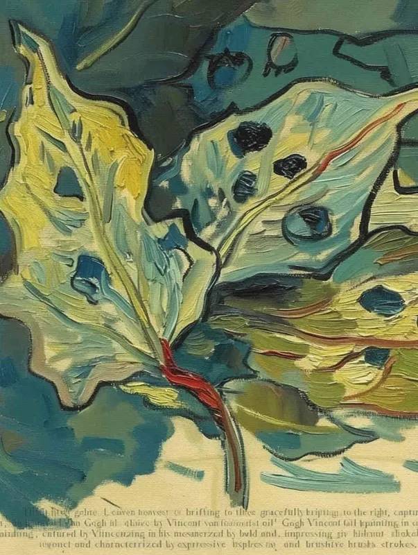 three leaves, the three leaves falling to the right, Vincent van Gogh paint , impressionist oil painting，bold brushstrokes - style3部分