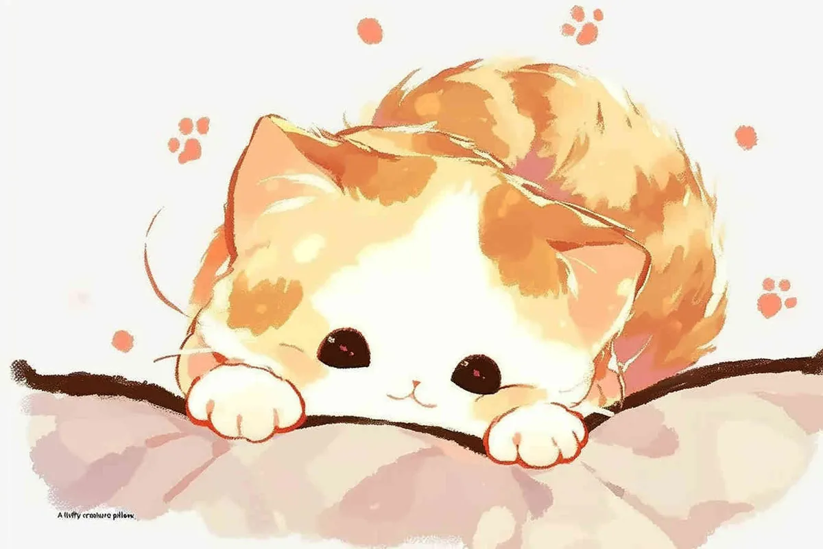 A small furry creature lying on the pillow, only half of its face exposed, with two paws protruding for illustration - style1部分