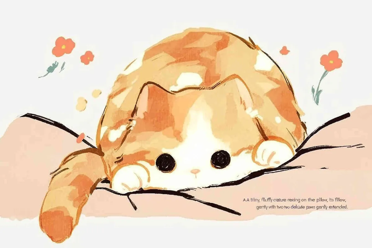 A small furry creature lying on the pillow, only half of its face exposed, with two paws protruding for illustration - style4部分
