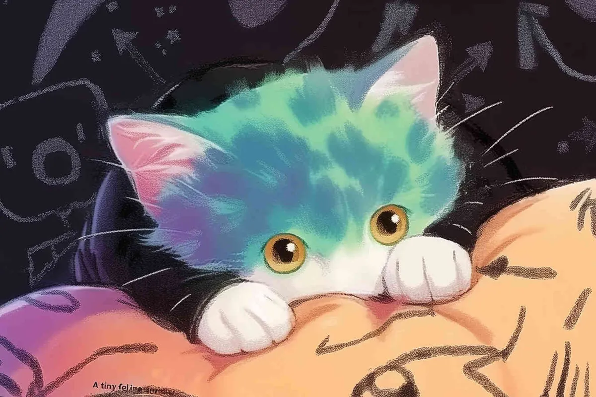 A kitten was lying on the pillow, only half of its face exposed. The kitten's paws were purple red, and its fur was blue and green. The kitten's face was also blue-green, with a black background and white shooting stars, featuring a sci-fi style，illustration style - style1部分
