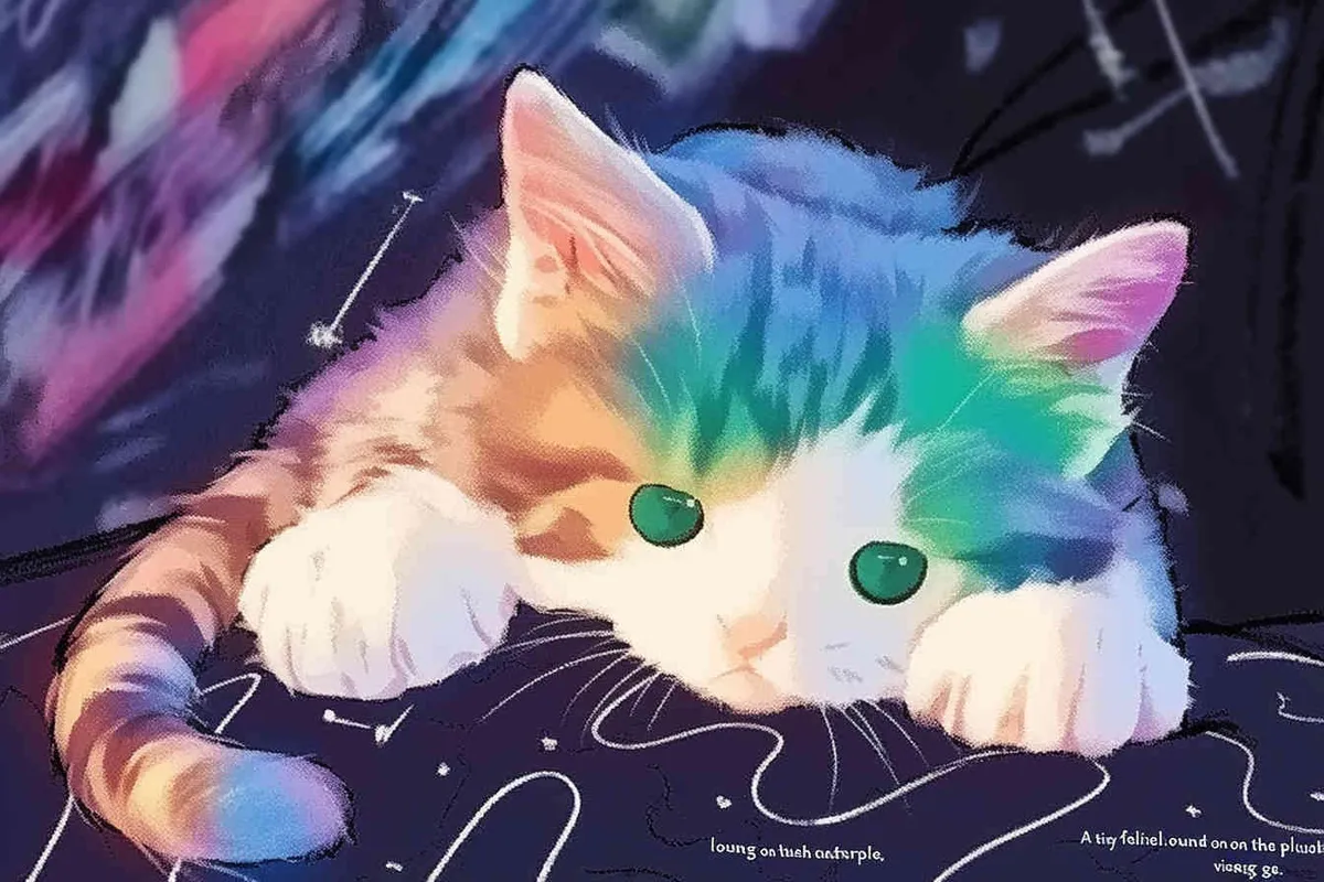 A kitten was lying on the pillow, only half of its face exposed. The kitten's paws were purple red, and its fur was blue and green. The kitten's face was also blue-green, with a black background and white shooting stars, featuring a sci-fi style，illustration style - style2部分
