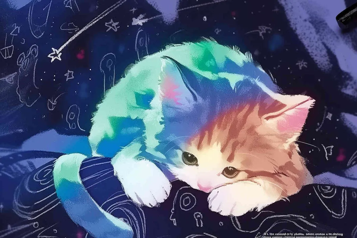 A kitten was lying on the pillow, only half of its face exposed. The kitten's paws were purple red, and its fur was blue and green. The kitten's face was also blue-green, with a black background and white shooting stars, featuring a sci-fi style，illustration style - style3部分