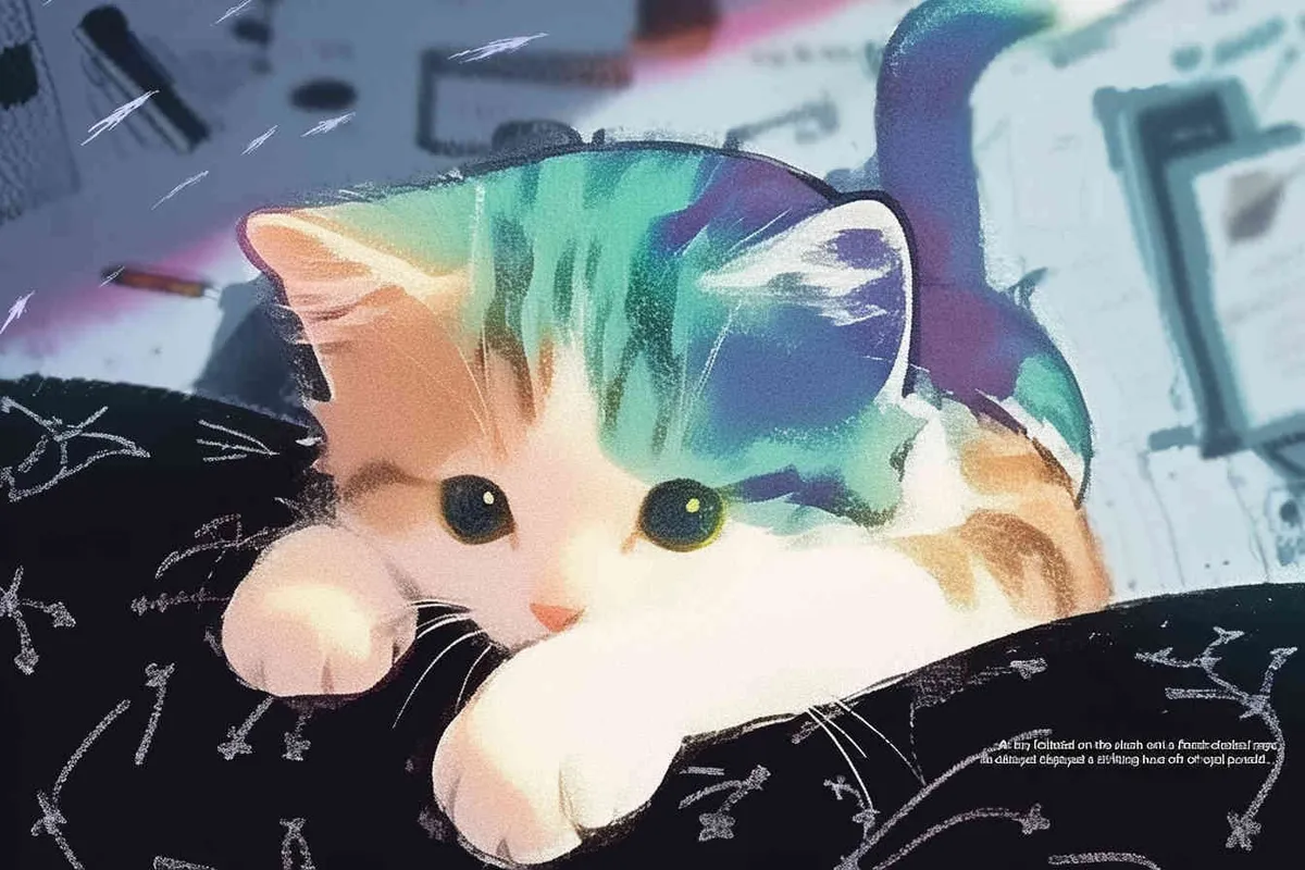 A kitten was lying on the pillow, only half of its face exposed. The kitten's paws were purple red, and its fur was blue and green. The kitten's face was also blue-green, with a black background and white shooting stars, featuring a sci-fi style，illustration style - style4部分