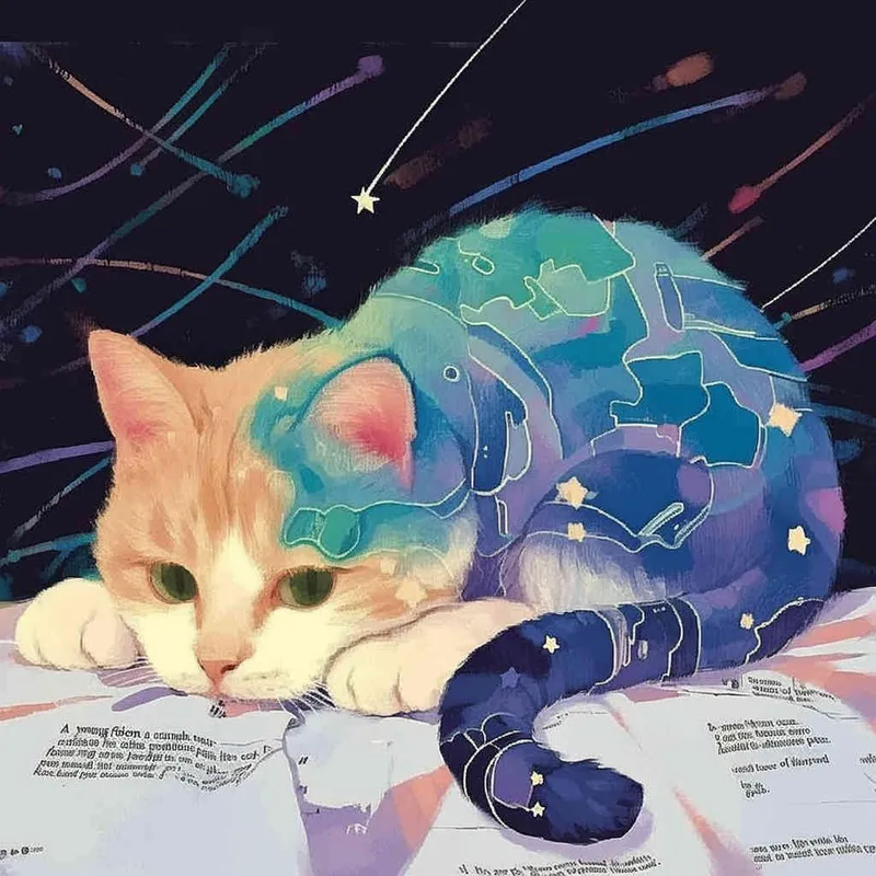 A kitten was lying on the pillow, only half of its face exposed. The kitten's paws were purple red, and its fur was blue and green. The kitten's face was also blue-green, with a black background and white shooting stars, featuring a sci-fi style，illustration style - style1部分