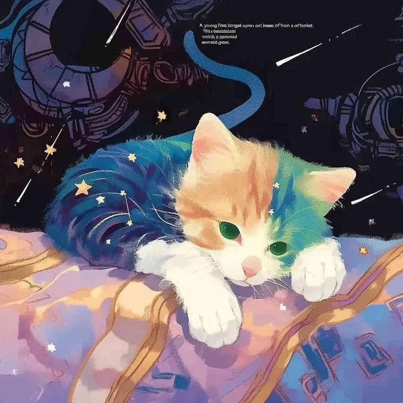 A kitten was lying on the pillow, only half of its face exposed. The kitten's paws were purple red, and its fur was blue and green. The kitten's face was also blue-green, with a black background and white shooting stars, featuring a sci-fi style，illustration style - style2部分
