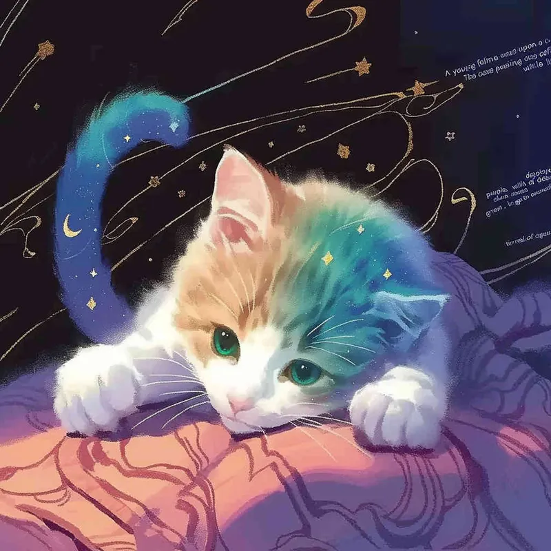 A kitten was lying on the pillow, only half of its face exposed. The kitten's paws were purple red, and its fur was blue and green. The kitten's face was also blue-green, with a black background and white shooting stars, featuring a sci-fi style，illustration style - style3部分