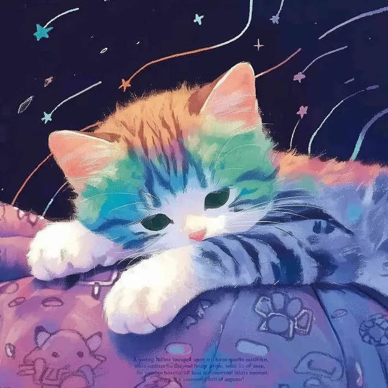 A kitten was lying on the pillow, only half of its face exposed. The kitten's paws were purple red, and its fur was blue and green. The kitten's face was also blue-green, with a black background and white shooting stars, featuring a sci-fi style，illustration style - style4部分