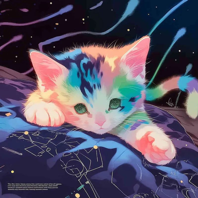 A kitten was lying on the pillow, only half of its face exposed. The kitten's paws were purple red, and its fur was blue and green. The kitten's face was also blue-green, with a black background and white shooting stars, featuring a sci-fi style，illustration style - style1部分