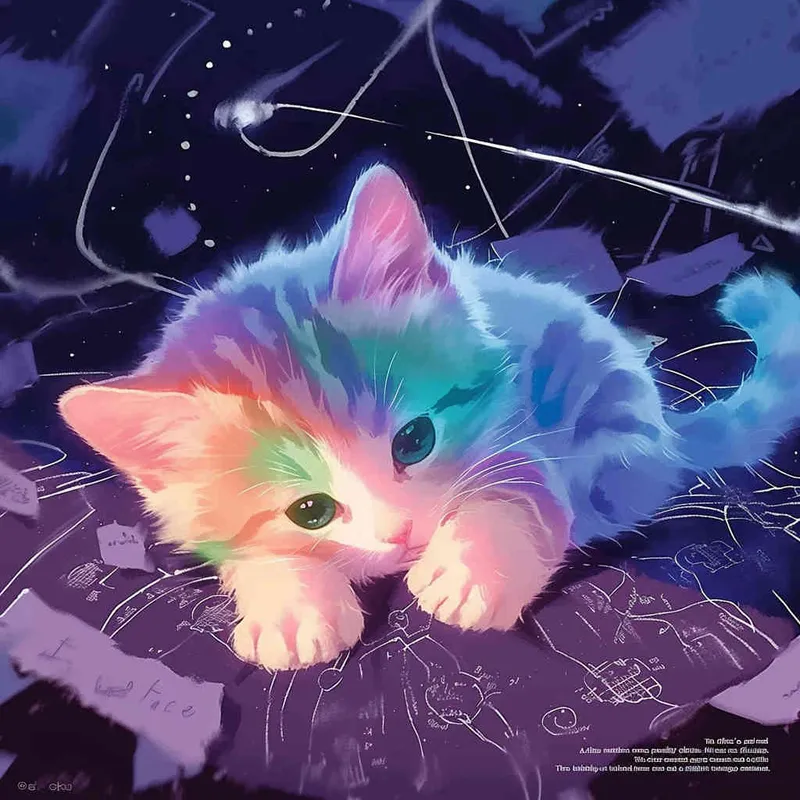 A kitten was lying on the pillow, only half of its face exposed. The kitten's paws were purple red, and its fur was blue and green. The kitten's face was also blue-green, with a black background and white shooting stars, featuring a sci-fi style，illustration style - style2部分