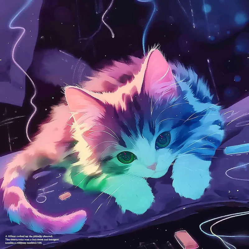 A kitten was lying on the pillow, only half of its face exposed. The kitten's paws were purple red, and its fur was blue and green. The kitten's face was also blue-green, with a black background and white shooting stars, featuring a sci-fi style，illustration style - style3部分
