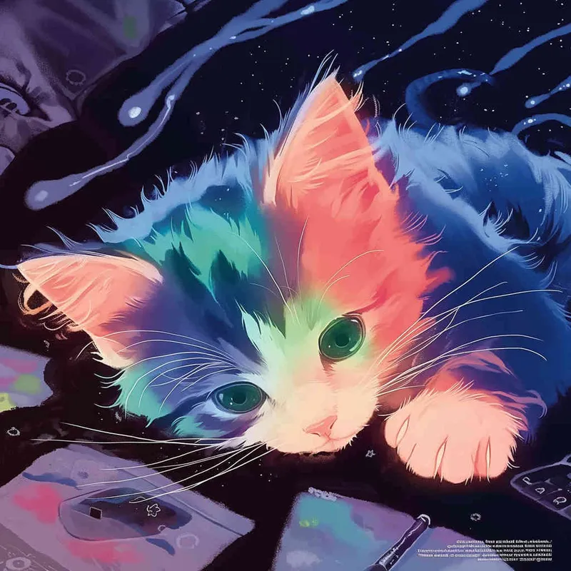 A kitten was lying on the pillow, only half of its face exposed. The kitten's paws were purple red, and its fur was blue and green. The kitten's face was also blue-green, with a black background and white shooting stars, featuring a sci-fi style，illustration style - style4部分
