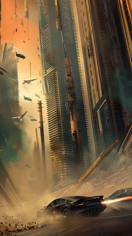 Two cars chasing through the abandoned high-rise buildings, with the dazzling aurora in the sky as the backdrop, just as a high-rise collapsed, stirring up clouds of dust. - style2部分